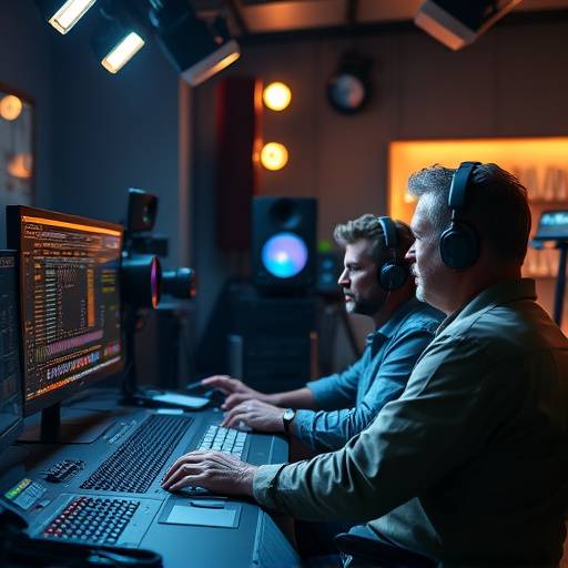 Equipo de producción trabajando en la sala de control, ajustando los niveles de audio y video.